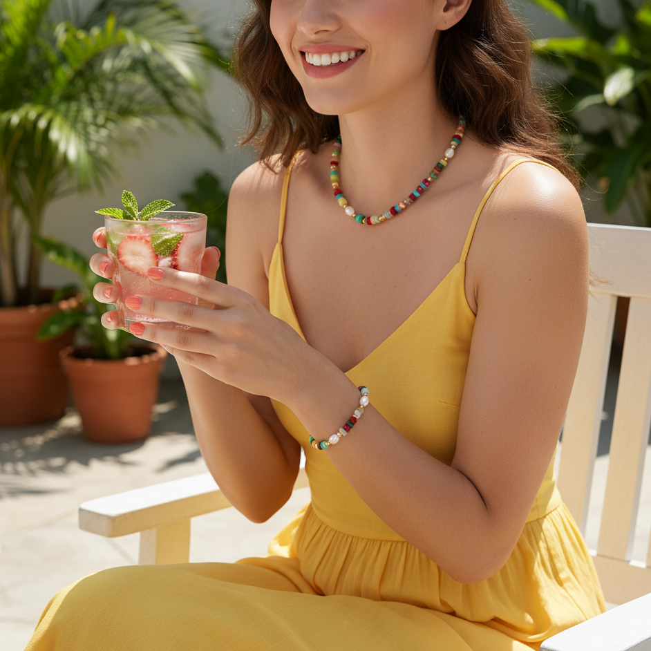 Ad photo for colourful pearl necklace and bracelet