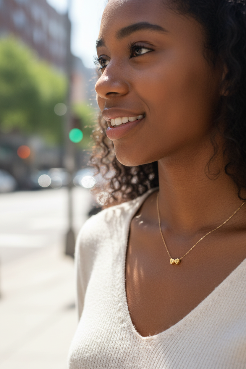 Close-up of person of colour wearing gold heart necklace
