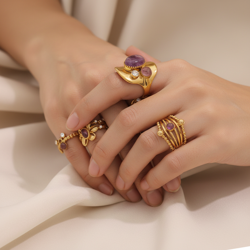 Two hands holding each other wearing rings