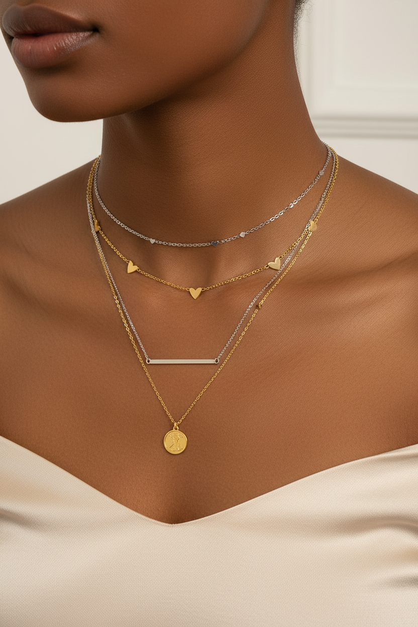 Woman of colour wearing gold and silver necklaces